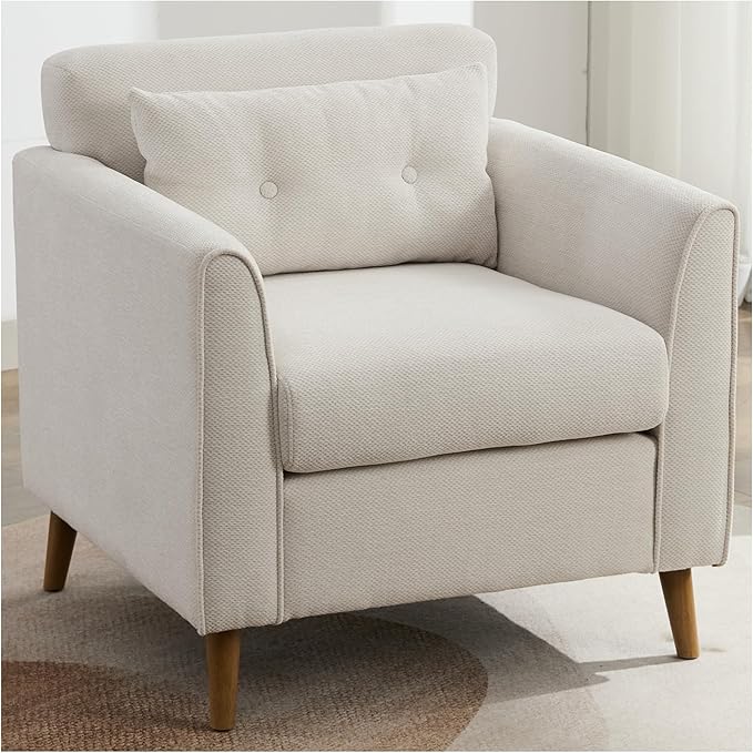 Modern Accent Chair with Wooden Legs Plush Fabric Armchair Chenille Side Single Sofa Chair for Bedroom, Office Cafe Waiting Room Apartment (Beige Armchair)-Ruum Studio Home
