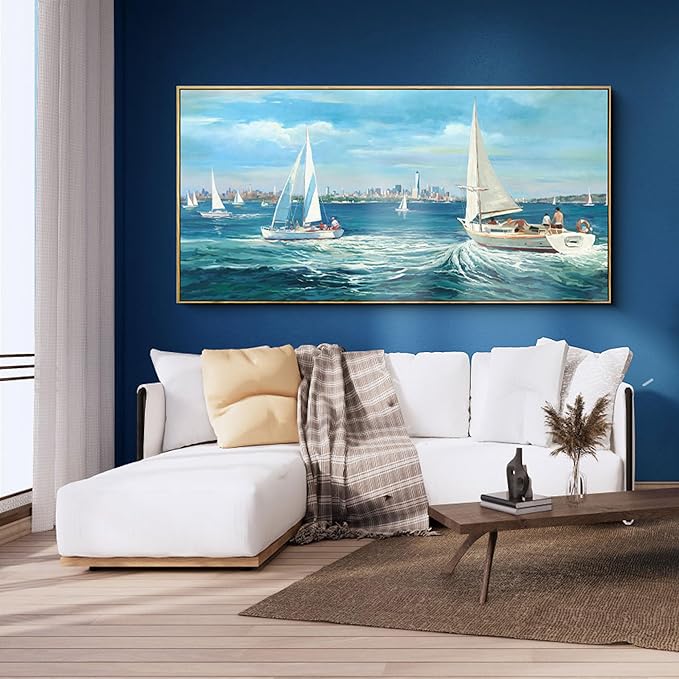 XLSJERST Large Blue Canvas Wall Art Seascape Painting - Landscape Picture Textured Navy Modern Sailboat Ocean Artwork Framed for Living Room Bedroom Bathroom Home Office Wall Decor Large Size 29"x58"-Ruum Studio Home
