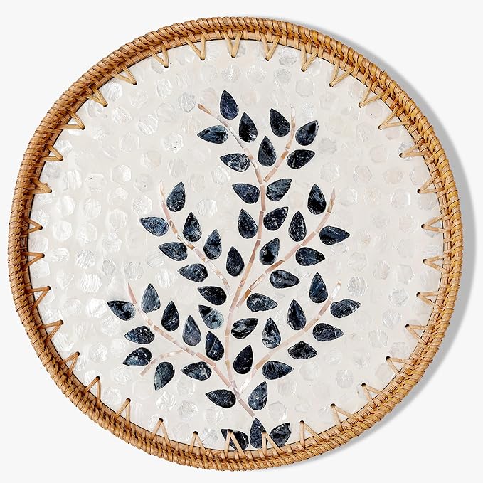 Round Rattan Tray with Mother of Pearl Inlay & Wooden Base - Decorative Wicker Serving Tray for Coffee/Bread/Fruits, Food Storage & Display - Multipurpose Home Decor (L,Little Tree)-Ruum Studio Home