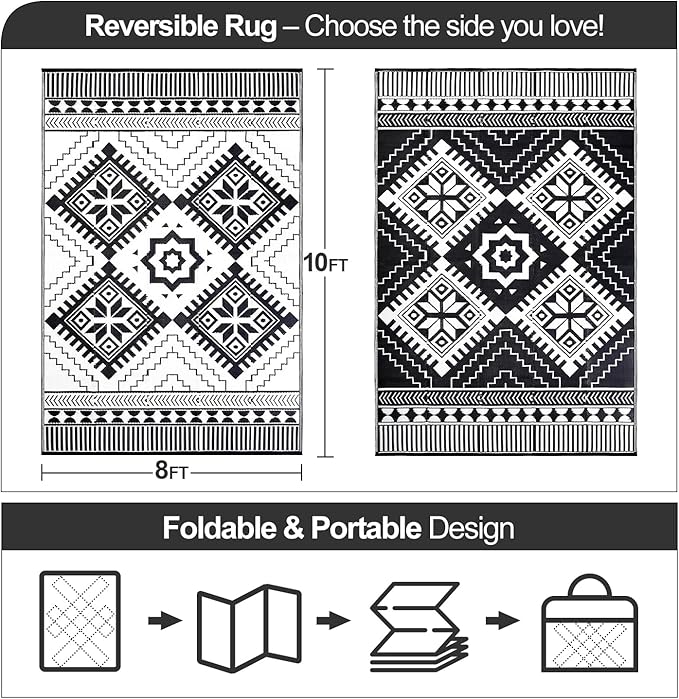 Waterproof Outdoor Rug 8x10ft, Boho Reversible Plastic Straw Mat for Patio RV Deck Porch Backyard Balcony Camping Picnic Beach Indoor Outdoor Carpet, Black&White-Ruum Studio Home