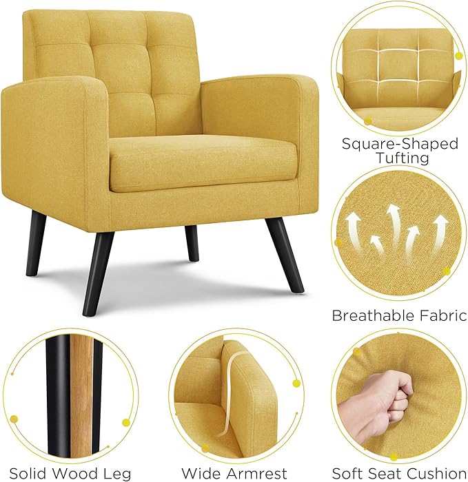 Yaheetech Mid-Century Accent Chairs, Modern Upholstered Living Room Chair, Cozy Armchair Button Tufted Back and Wood Legs for Bedroom/Office/Cafe, Set of 2, Yellow-Ruum Studio Home