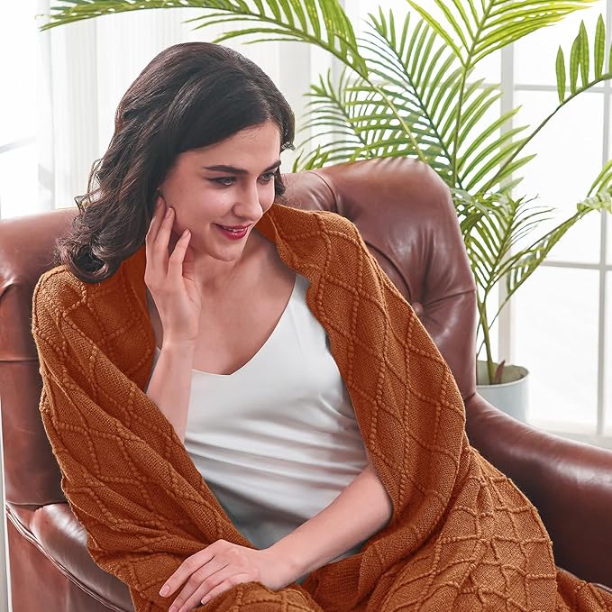 inhand Knitted Throw Blankets for Couch and Bed, Soft Cozy Knit Blanket with Tassel, Orange Rust Lightweight Decorative Blankets and Throws, Farmhouse Warm Woven Blanket for Men and Women, 60"x80"-Ruum Studio Home
