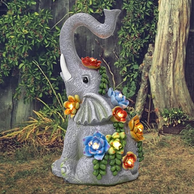 Elephant Garden Statue Solar Lamp with 8 Led Lights Decor Outdoor Resin Waterproof Sculpture Patio Lawn Yard Porch Decorations Housewarming Gifts for Women Mom Grandma-Ruum Studio Home