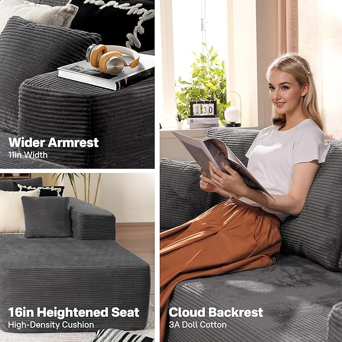 104" Cloud Sectional Couches for Living Room,L Shaped Boneless Couch in A Box,Sleeper Sofa with Comfy Chaise No Assembly Required,Grey-Ruum Studio Home