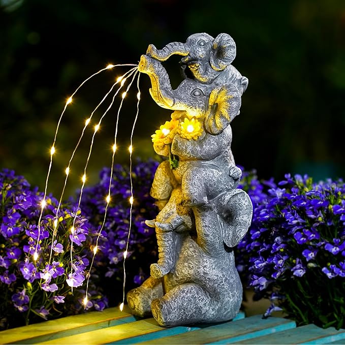 Solar Garden Decor Elephant Statue Outdoor, Luck Triple Elephant Decorations for Yard Porch Lawn Patio - Ideal Gifts for Women Mom Grandma Senior Elder or Birthdays 12"-Ruum Studio Home