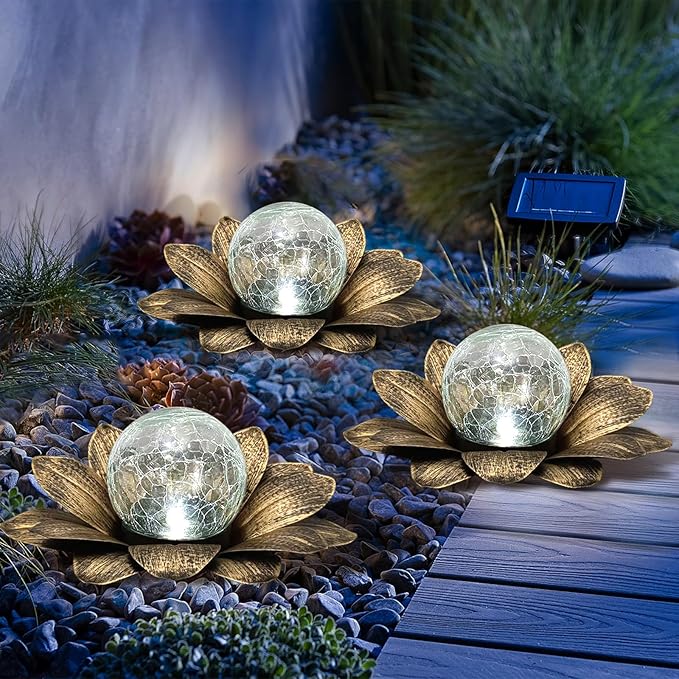 LEWIS&WAYNE Solar Garden Lights Outdoor, 3 Pcs Coppery Lotus Flower Pathway Lamps with Cool White Crackle Glass Globe Led Lights for Patio Pathway Yard Balcony Garden Decorations-Ruum Studio Home