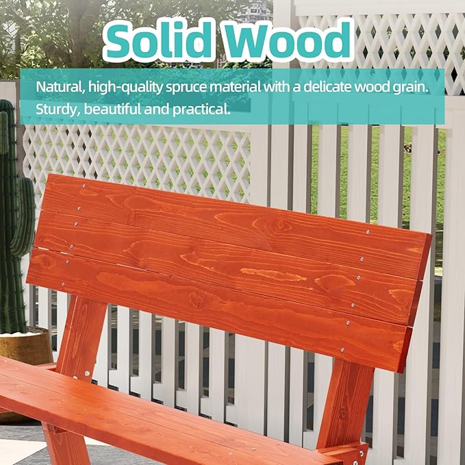 AVAWING Outdoor Convertible Wood Bench with Backrest, Patio Wood Convert a Bench, Space-Saving 2-in-1 Picnic Table Chairs Set for Backyard, Porch, Patio, Garden, Tangerine-Ruum Studio Home