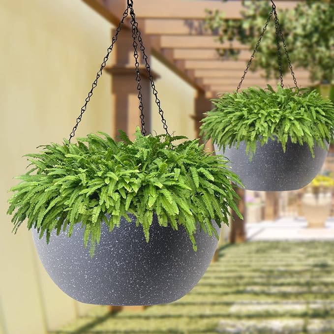 WOUSIWER 13 inch 2 Pack Large Hanging Planters for Indoor Outdoor Plants with Drainage Holes and Chain, Round Hanging Flower Pots for Garden Home Porch Decor, Grey Speckles-Ruum Studio Home