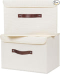 ANMINY 2PCS Storage Bins with Lid PU Leather Handles Storage Boxes PP Plastic Board Decorative Foldable Lidded Cotton Linen Fabric Home Cubes Baskets Closet Organizer Containers - Beige, Large Size-Ruum Studio Home