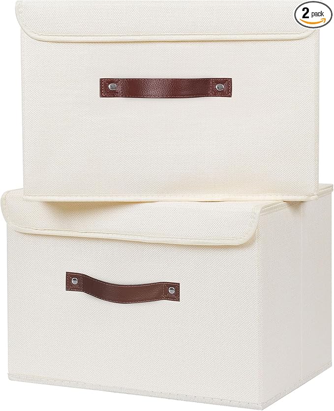 ANMINY 2PCS Storage Bins with Lid PU Leather Handles Storage Boxes PP Plastic Board Decorative Foldable Lidded Cotton Linen Fabric Home Cubes Baskets Closet Organizer Containers - Beige, Large Size-Ruum Studio Home