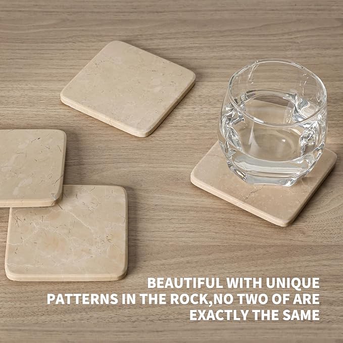 BCS Marble Coasters Set of 5 with Holder, Square Stone Drink Coasters for Coffee, Wine and Cocktails, Non-Slip Durable Cup Mats, Elegant Home, Bar & Kitchen Table Decor (Crema Beige)-Ruum Studio Home