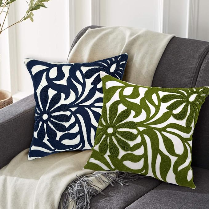 Alysheer Farmhouse Floral Leaves Embroidered Decorative Throw Pillow Cover 18x18 inches, Boho Tufted Flowers Embroidery Pattern Chic Cotton Cushion Case for Couch Bed Sofa Living Room(Navy Blue)-Ruum Studio Home