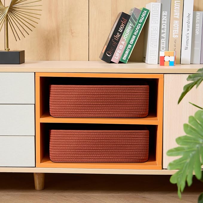 Large Shallow Organizing Baskets 15x11x5.1 Inches - Rope Woven Storage Bins for Bathroom, Shelves, Cube Closet, Red 2 Packs-Ruum Studio Home