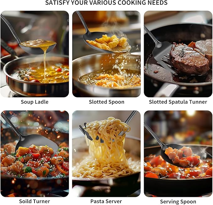 304 Stainless Steel Cooking Utensil,Kitchen Kitchen Utensil with Spatula, Solid Spoon, Ladle, Skimmer, Spaghetti Spoon, 6 Piece Set, Dishwasher Safe(Black)-Ruum Studio Home