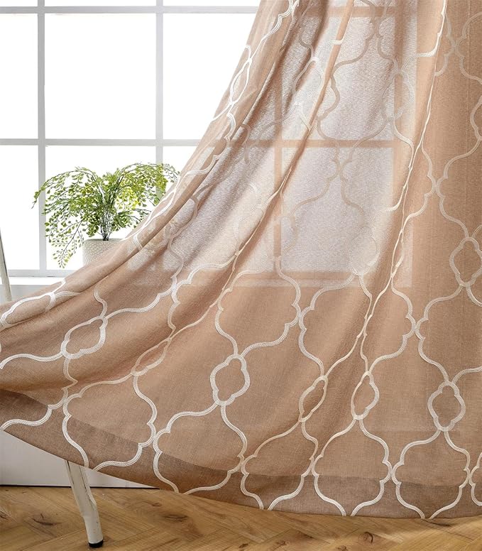 MIUCO Moroccan Embroidery Semi Sheers Curtain Faux Linen Grommet Window Curtains for Office 52 x 95 Inch 2 Panels, Taupe-Ruum Studio Home