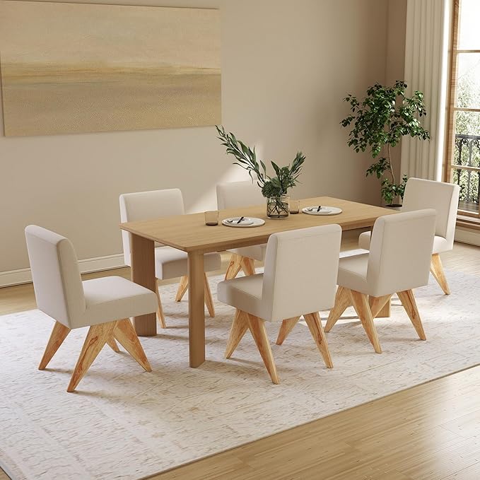 Mid Century Modern Farmhouse Dining Chairs Set of 6, Upholstered Armless Kitchen Chairs with Back and Wooden Legs, Linen Beige-Ruum Studio Home
