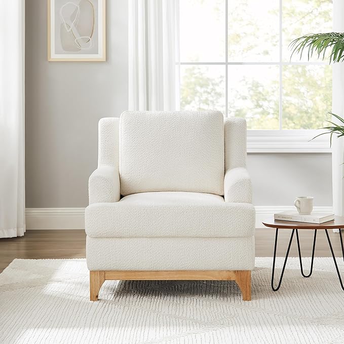 Oversized Accent Chair, Modern Boucle Armchair with Wood Legs, Modern Reading Chair with Thick Cushion, Comfy Chairs for Living Rooms, Bedrooms, Reading nooks and Apartments-Ruum Studio Home