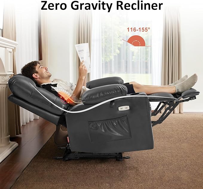 MCombo Zero Gravity Power Recliner Chair with Heat and Vibration Massage, Reclining Chair with USB Ports, Cup Holders for Living Room, Faux Leather PR621 (Grey)-Ruum Studio Home