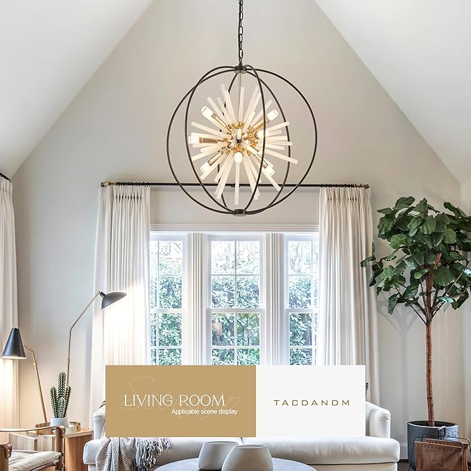 23.6" Black Gold 12-Light Globe Sputnik Chandelier Modern Adjustable Hanging Ceiling Glass Tube Pendant Light Fixture for Entryway Foyer Staircase Dining Living Room Hallway-Ruum Studio Home