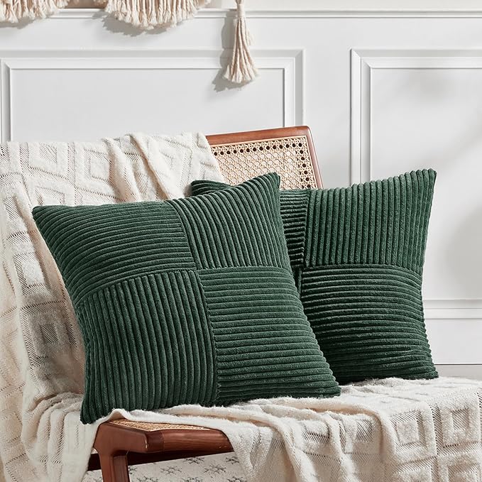 Fancy Homi Set of 2 Dark Green Decorative Throw Pillow Covers 16x16 Inch for Living Room Couch Bed, Boho Farmhouse Forest Green Home Decor, Soft Corss Corduroy Patchwork Textured Cushion Case-Ruum Studio Home