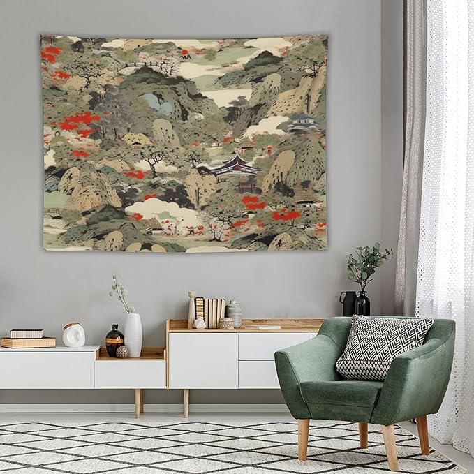 Asian Tapestry,Japanese Red Landscape Asian Watercolor Abstract Art Tapestry, Asian Japanese Wall Tapestry, Nature Landscape Tapestries for Bedroom Living Room Decor 80"x60"-Ruum Studio Home