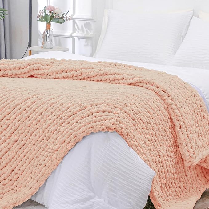 Bigacogo Chunky Knit Throw Blanket for Couch, 40x80 inches, 100% Hand Knitted with Thick Jumbo Chenille Yarn, Cozy Soft Large Rope Knot Cable Crochet Blankets for Sofa Bed Living Room, Peach Fuzz-Ruum Studio Home