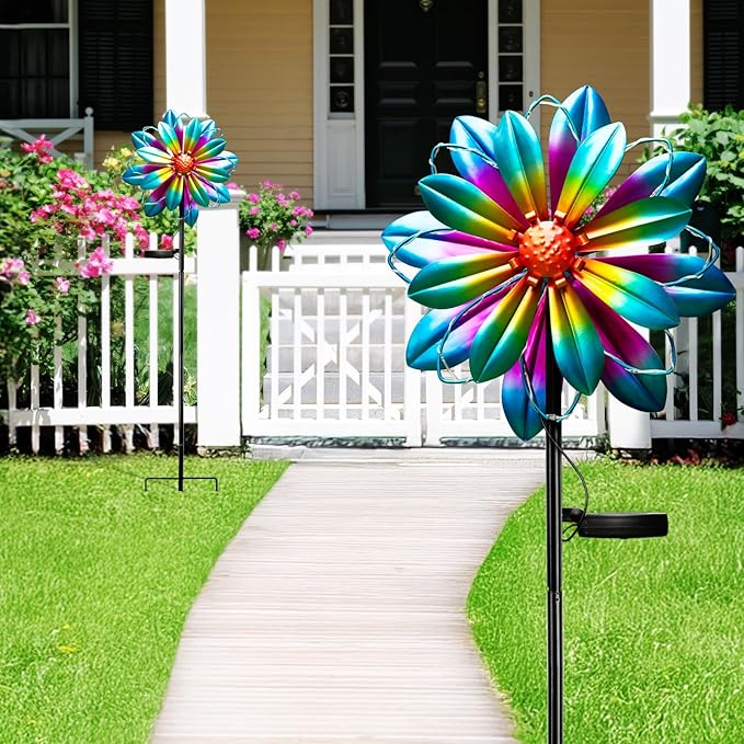 Flower Solar Wind Spinners- Metal Colorful Spinning Windmill Garden Ligths with LED Outdoor Decorative Stake Lighting Waterproof Flower Sculpture for Patio Yard-Ruum Studio Home