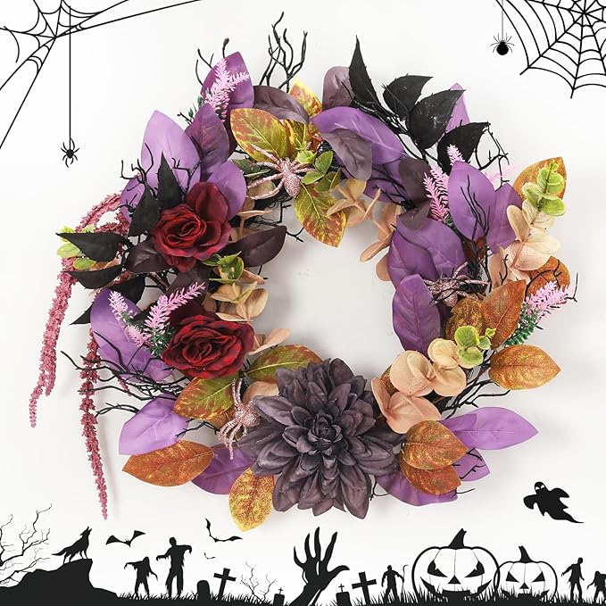 GarveeHome 18 Inch Halloween Wreath, Halloween Garland with Artificial Roses & Spiders, Indoor Outdoor Holiday Accent Decoration for Front Door Porch Wall Home Party Window, Red & Purple-Ruum Studio Home