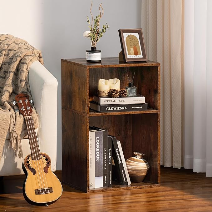 LEYAOYAO 2 Cube Bookshelf,Brown Record Player Stand Holds up to 100 Albums, Mini Wood Book Shelf Storage Organizer,Turntable Stand with Vinyl Storage Cabinet, Narrow Open Bookcase for Small Spaces-Ruum Studio Home