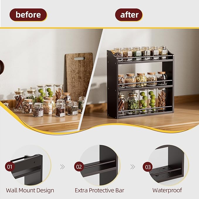 3 Tier Bamboo Wood Spice Rack, Seasoning Bottles Jars Organizer Shelf for Spices or Craft Supplies, Kitchen Counter or Wall Mounting (Brown)-Ruum Studio Home