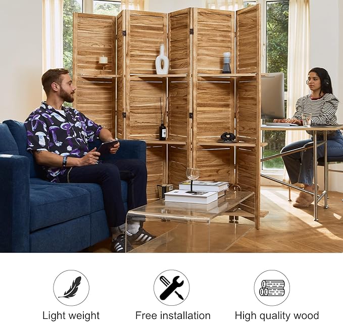 Room Divider with Shelves, 5.6 Ft Tall Folding Wood Screen with Double Hinges for Home Office Bedroom Hotel Decoration (6 Panels, Natural)-Ruum Studio Home