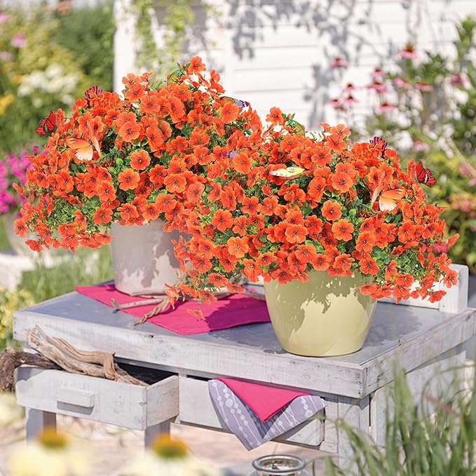 ‌20 Bundles Artificial Flowers for Outdoors‌ with 6 Faux Butterflies, UV Resistant ‌Fake Flowers‌ with Eucalyptus Leaves, ‌Artificial Plants Outdoor‌ for Patio Garden Porch Home Decor (Orange)-Ruum Studio Home