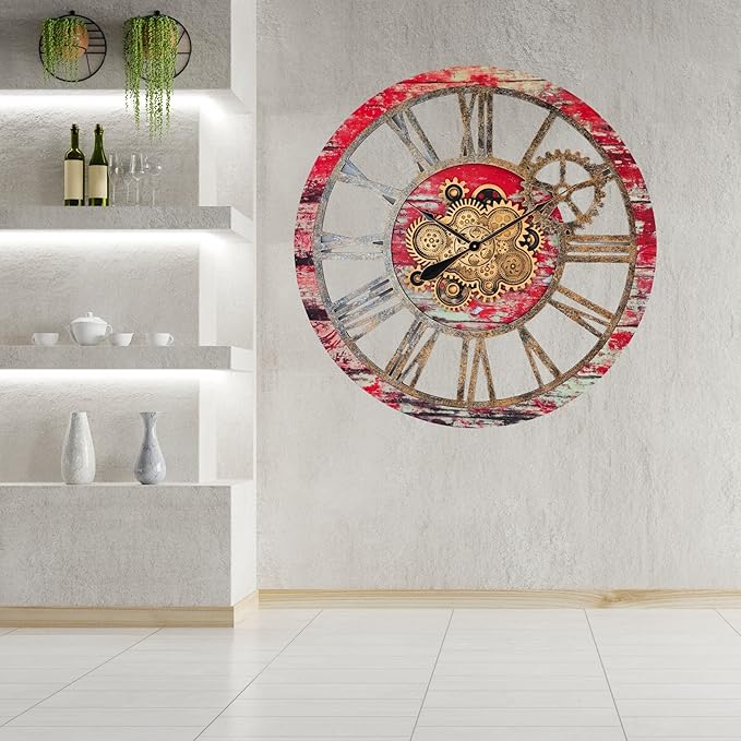 The Gears Clock 36'' Inch Real Moving Gear Wall Clock Vintage Industrial Oversized Rustic Farmhouse (Red Lava)-Ruum Studio Home