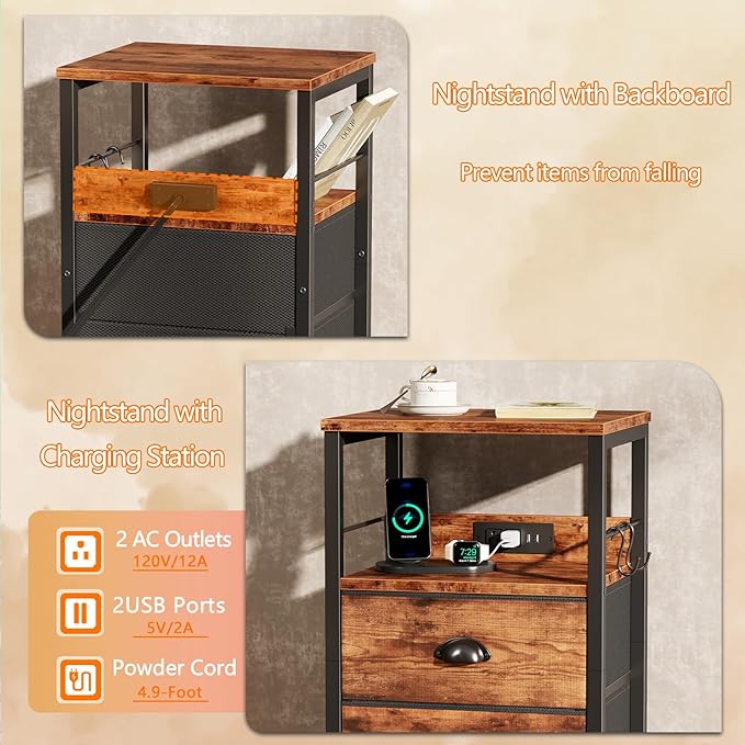 Furologee Nightstand Set of 2, Rustic Brown, with Charging Station and USB Ports, Side Tables with 2 Fabric Drawers, Bedside Tables with Storage Shelf & Hooks, for Living Room/Bedroom-Ruum Studio Home