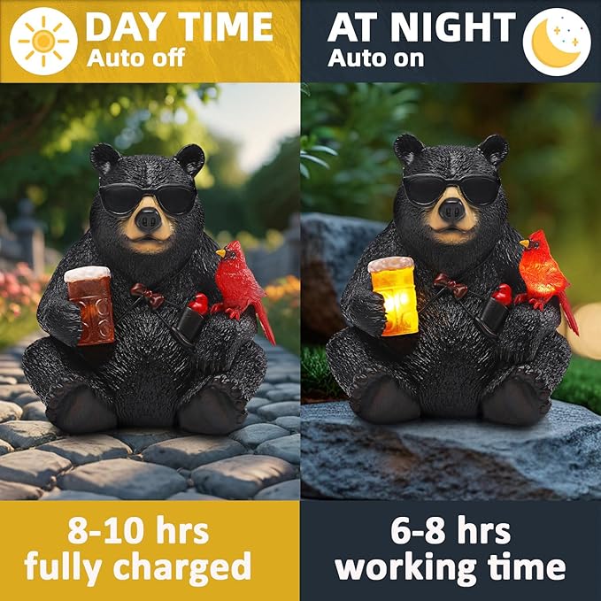 Solar Black Bear Statue for Garden with Beer and Cardinals 6.3" Resin Garden Statues for Outside Yard Paito Porch Decor Birthday Gardening Gifts for Women Mother Sister Grandmother Wife-Ruum Studio Home