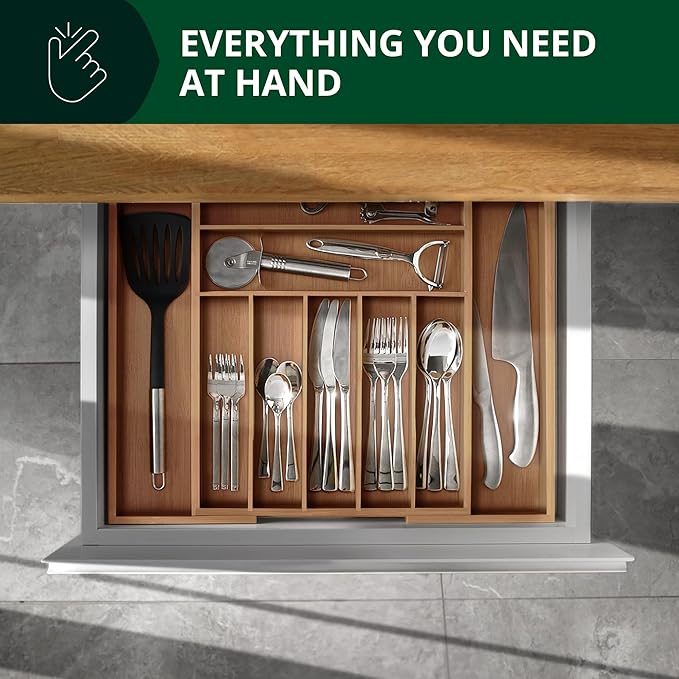 ROYAL CRAFT WOOD Luxury Bamboo Kitchen Drawer Organizer - Silverware Organizer - Utensil Holder and Cutlery Tray with Grooved Drawer Dividers for Flatware and Kitchen Utensils (9 Slot, Brown Bamboo)-Ruum Studio Home
