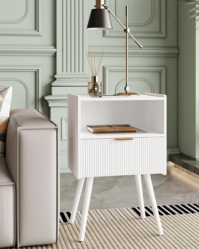 Nightstand,Modern Bedside Table with Storage Drawer and Open Wood Shelf, Accent Night Stand with Solid Wood Legs for Living Room, Bedroom and Small Spaces,Easy Assembly (White)-Ruum Studio Home