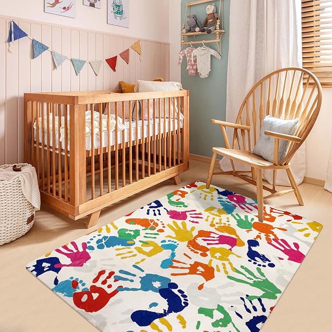 STARUIA Handprints and Footprints Kids Rug Play Carpet, 4'x6' Washable Colorful Area Rug for Nursery Room, Ultra Soft Non-Slip Indoor Play Mat for Bedroom Playroom Classroom-Ruum Studio Home