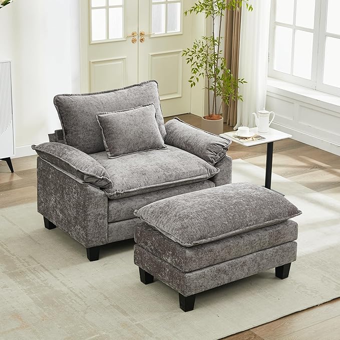 URRED Modular Sectional Sofa Comfy Cloud Couch, Modern Chenille Sofa Sleeper Deep Seat Couches with Ottoman/Pillows for Living Room (Gray, 53''- Ottoman)-Ruum Studio Home