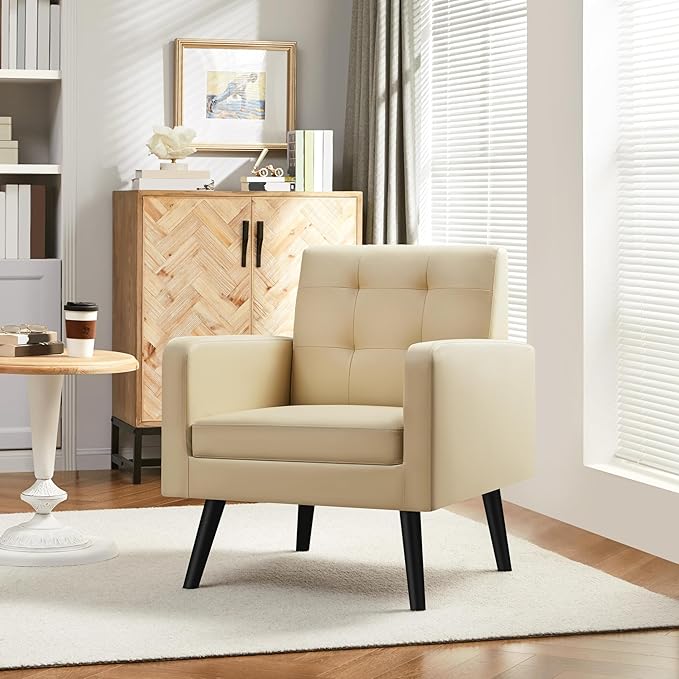 Yaheetech Mid-Century Accent Chairs, PU Leather Modern Upholstered Living Room Chair, Cozy Armchair Button Tufted Back and Wood Legs for Bedroom/Office/Cafe Beige-Ruum Studio Home