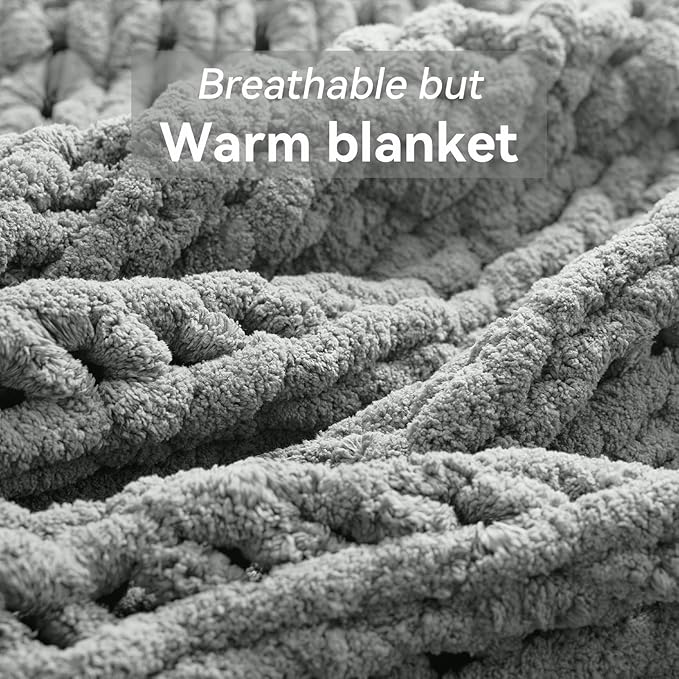 Chunky Knit Throw Blanket, 50''*60'' Knitted Throw Chenille Yarn for Bed Couch, Handmade Light Grey Crochet Big Thick Blanket, Machine Washable Cute Comfy Blanket for Home Decor-Ruum Studio Home