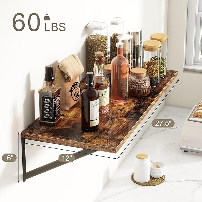 Fun Memories 27.5" W x12 D Floating Shelves, Large Wall Shelves 27.5 Inch Long, Set of 2, Farmhouse Wood Floating Shelf Wall Mounted, Deep Shelves for Bathroom, Living Room, Kitchen, Rustic Brown-Ruum Studio Home