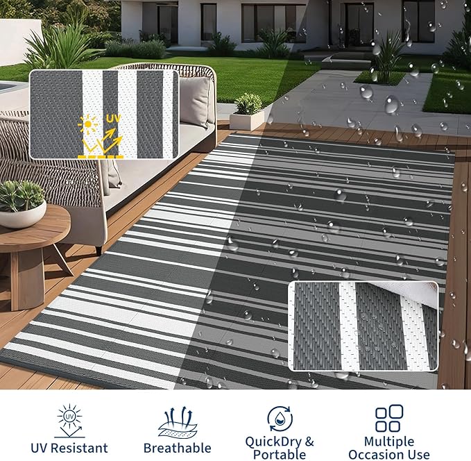 Outdoor Patio Rug 9x12 Stain-Resistant Reversible Camping Mat, Modern Striped Outdoor Plastic Straw Rug, Waterproof Outside Carpet, Easy to Clean for RV, Porch, Deck, Balcony, Grey-Ruum Studio Home