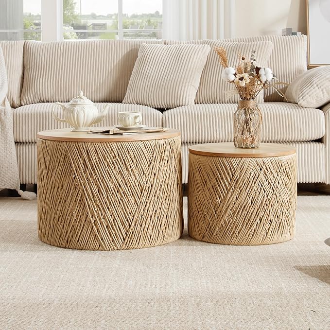 Nesting Coffee Table Set of 2, Natural Round Wooden Coffee Tables Rustic Woven Circle Side/Sofa Table for Small Space Living Room Bedroom Apartment No Assembly Required-Ruum Studio Home