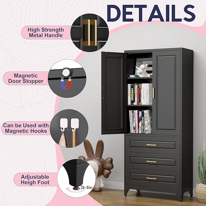Pantry Kitchen Cabinet with Drawer, 75" Tall Pantry Storage Cabinet, Metal Storage Cabinets with Doors and Shelves, Large Freestanding Cupboard for Dining Room, Assembly Required, Black-Ruum Studio Home
