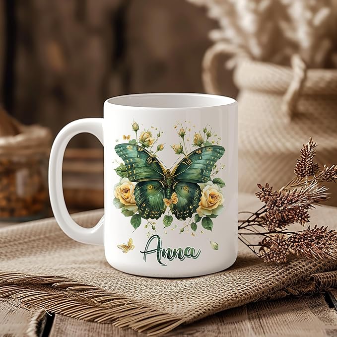 Hyturtle Personalized Floral Butterfly Mug - Butterfly Gifts For Women Lovers - Animal Gift For Bird Lover Her - Bird Gifts For Mom on Mother Day - Custom Name Coffee Cup Ceramic Mug 11 Oz 15 Oz-Ruum Studio Home