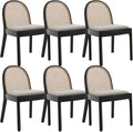 Mid Century Dining Chairs Set of 6, Accent Rattan Side Chairs Linen Fabric Kitchen Chair with Solid Wooden Legs for Living Room Dining Room, Grey-Ruum Studio Home