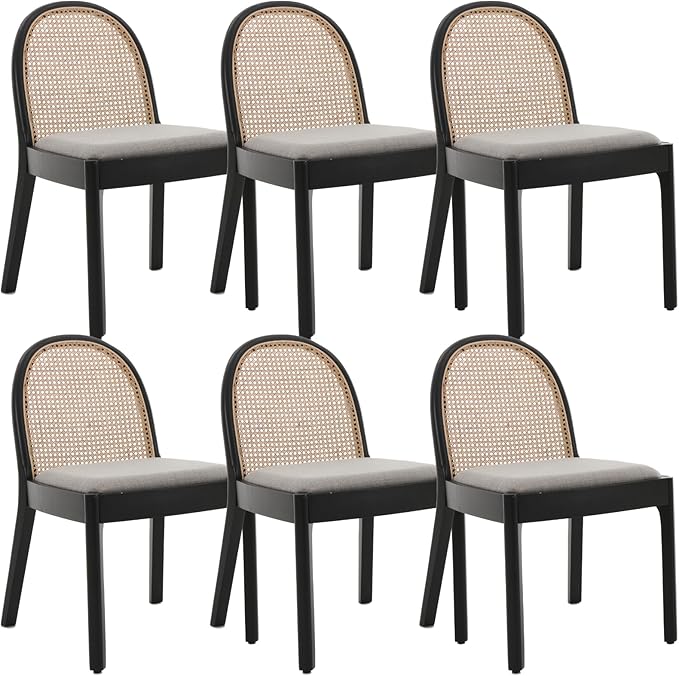 Mid Century Dining Chairs Set of 6, Accent Rattan Side Chairs Linen Fabric Kitchen Chair with Solid Wooden Legs for Living Room Dining Room, Grey-Ruum Studio Home