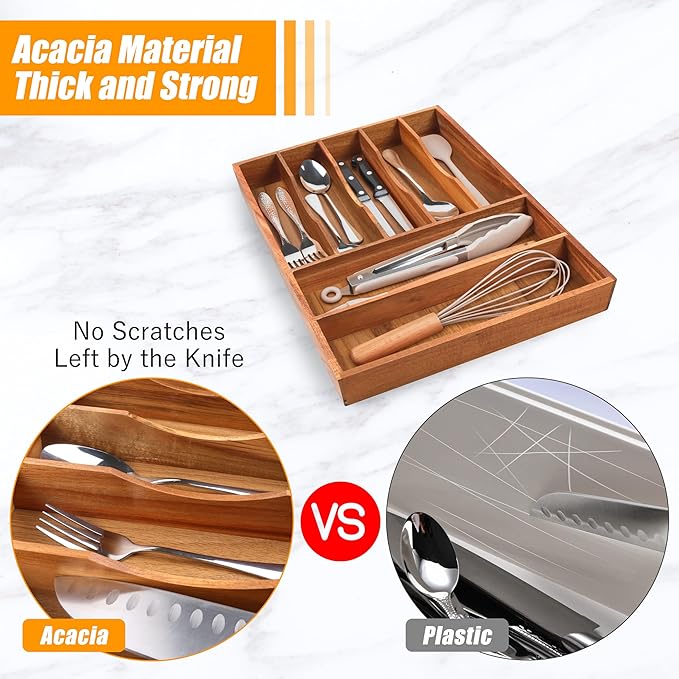 Bellsal Bamboo Silverware Organizer, 12"x15.7" Utensil Holder Cutlery Tray with Grooved Drawer Dividers for Kitchen Flatware, Bedroom, Office (7 Slot, Acacia)-Ruum Studio Home