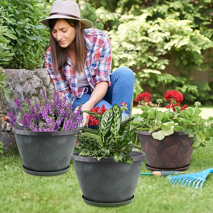 11 inch Plant Pot Set of 3, Plastic Flower Pots with Drainage Hole & Tray, Decorative Round Planters for Indoor Plants, Modern Outdoor Home Flowers Plants Garden Pots (Green)-Ruum Studio Home
